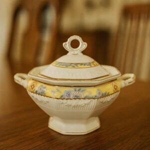 1940's J&G Meakin Sunshine English Pottery Sugar Bowl with Lid Gold Trim